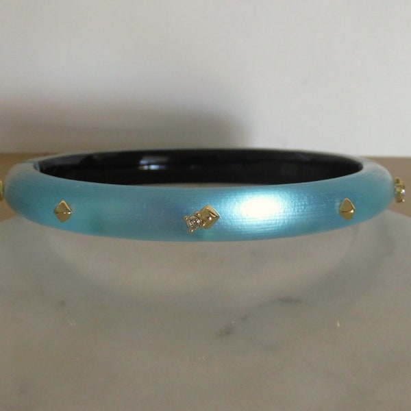 Vintage ALEXIS BITTAR Glowing Aqua Blue Hand Carved Lucite Hinged Bangle Bracelet, Square Gold Tone Stud & Clear Rhinestone, SIGNED (L266)