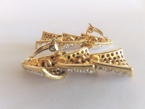 Vintage Rhinestone CLIP-ON Dangle Earrings, Gold … - image 7