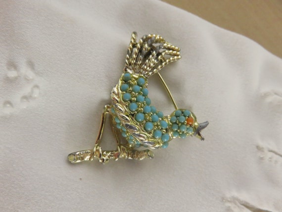 Vintage Turquoise & Coral Color Seed Bead Bird on… - image 6