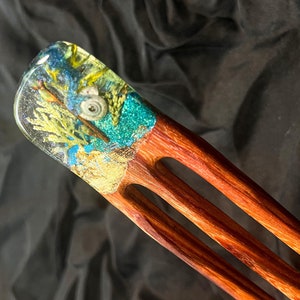 Hair Fork - Forest Dweller - Resin wood hair stick Handmade Hair fork, Cat Lover Gift