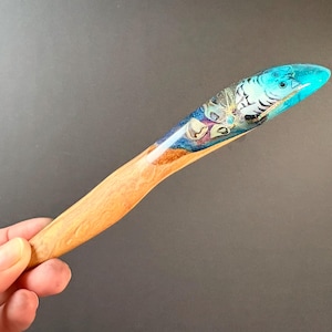 Hair Stick - Cat and Shells - Handmade Resin Wood Hair Fork, Hair Accessory, Personalized Gift for Her