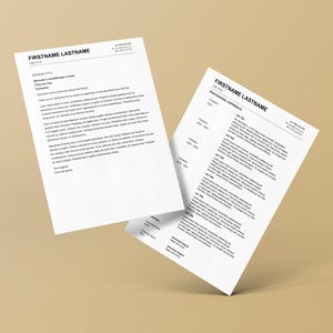 May include: Two white resume templates with black text, floating against a tan background. The top of each resume displays the name "FIRSTNAME LASTNAME" and contact information. One resume is a cover letter, and the other is a professional experience document.