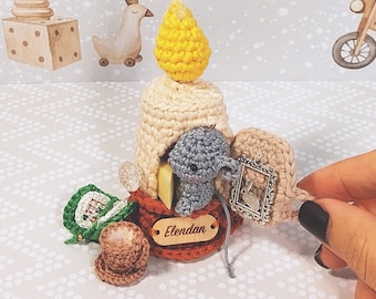 Crochet pattern - candle dollhouse with mouse, book, cup, saucer, cheese (crochet Christmas gift, ornaments, decoration, Elendan dollhouses)