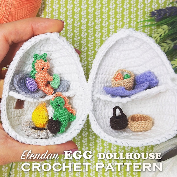 Pocket dollhouse crochet pattern - egg with dinosaurs (easter amigurumi pattern, dollhouse miniature, crochet pattern hatching egg, Elendan)