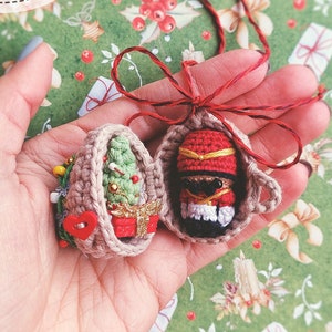 Christmas crochet pattern - mini nutcracker with festive tree in nutshell (crochet Christmas balls, ornaments, baubles, Elendan dollhouses)