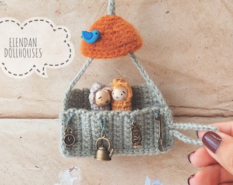 Rustic dollhouse - crochet necklace with gnomes (Halloween decoration, imaginative play set,fairy house,travel dollhouse,Elendan dollhouses)