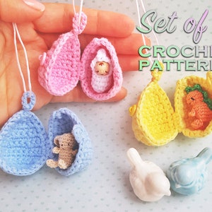 Set of 3 crochet patterns: egg pendant with bunny, baby and dinosaur (easter crochet pattern, amigurumi toy pattern, crochet animal,Elendan)