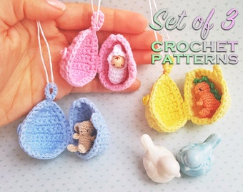 Set di 3 modelli all'uncinetto: ciondolo a forma di uovo con coniglietto, bambino e dinosauro (modello di pasqua all'uncinetto, modello di giocattolo amigurumi, animale all'uncinetto, Elendan)