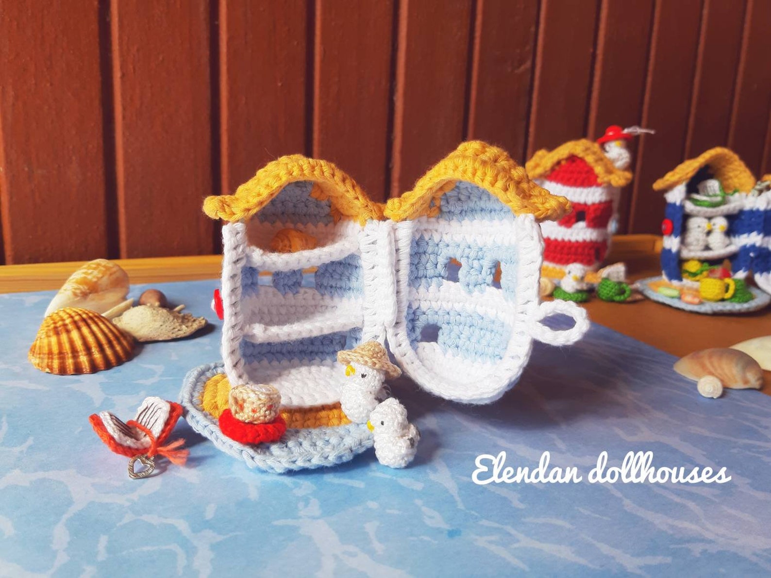 Miniature beach dollhouse with gulls crochet house coastal | Etsy