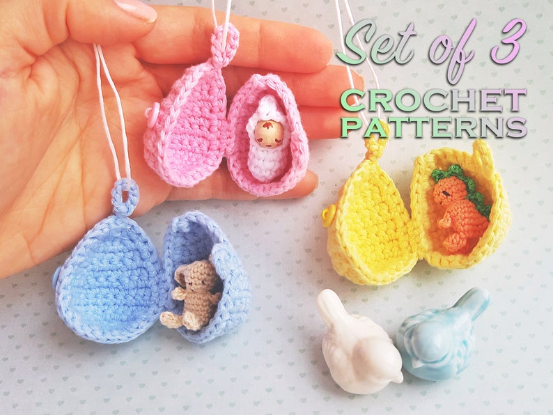 Set of 3 crochet patterns: egg pendant with bunny, baby and dinosaur easter crochet pattern, amigurumi toy pattern, crochet animal,Elendan zdjęcie 1