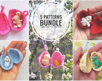 5 crochet patterns bundle: egg pendants with bunny, baby, dinosaur, chick + heart locket with angel (easter crochet patterns, amigurumi toy)