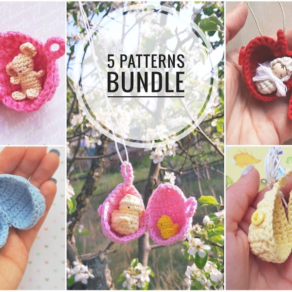 5 crochet patterns bundle: egg pendants with bunny, baby, dinosaur, chick + heart locket with angel (easter crochet patterns, amigurumi toy)