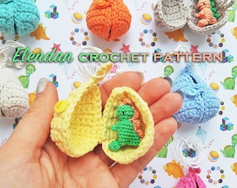 Pendant dollhouse with dinosaur crochet pattern - hatching egg/ walnut (easter amigurumi pattern, dollhouse miniature, crochet doll,Elendan)