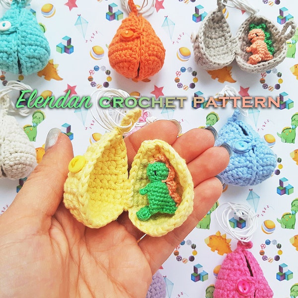 Pendant dollhouse with dinosaur crochet pattern - hatching egg/ walnut (easter amigurumi pattern, dollhouse miniature, crochet doll,Elendan)