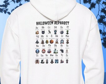 Back View Spooky Halloween Alphabet Elementary Teacher Unisex Heavy Blend™ Hooded Sweatshirt Gift for Teacher