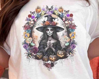 Spooky Framed Flower Colorful Witch Halloween T-shirt Cotton Tee Shirt, Halloween T-shirts Gift for Friend