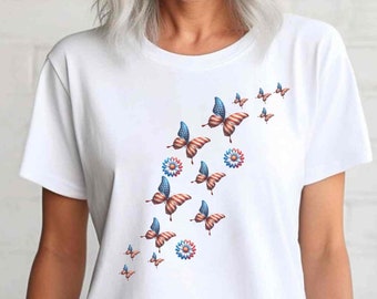 4th of July Butterfly Garden Shirt Unisex Heavy Cotton Tee, Gift for Mom Flower Shirt