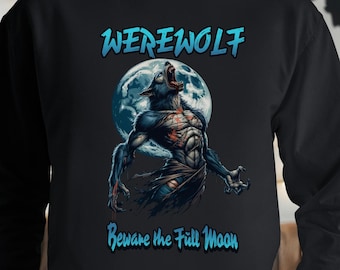Werewolf Full Moon Crewneck Sweatshirt, Halloween Costume Top, Spooky Sweater, Horror Apparel, Wolf Graphic Pullover, Gift for Dad 2 Colors