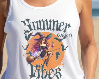 Witch on a Broom Flying Hot Ghoul Summerween Vibes Beach Women's Ideal Racerback Tank Summer Top Gift for Horror Lover Black or White