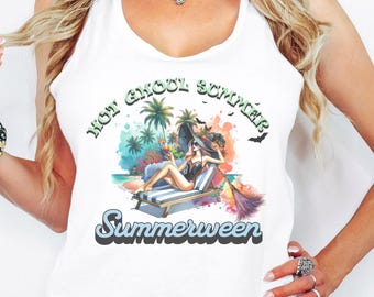 Witch in a Lounge Chair in a Bathing Suit on the Beach Hot Ghoul Summerween Vibes Beach Women's Ideal Racerback Tank Gift for Horror Lover