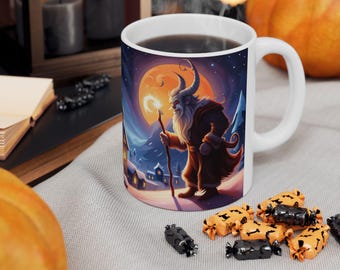 Krampus Looking over a Snow -Covered Town Coffee Mug Hot Chocolate Cup Ceramic Mug 11oz Halloween Christmas Gift