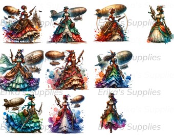 Steampunk Female Clipart Bundle Set Watercolor Air Ship Clip Art Set - Airship Weapon Carrying Female Clip Bundle