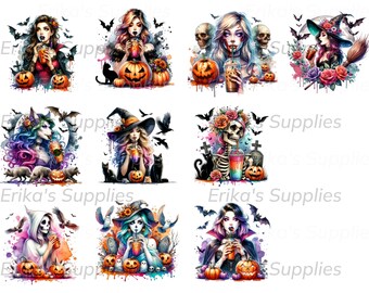 Halloween Coffee Watercolor Clip Art Bundle Set Witch Werewolf Coffee Lover Clip Art Set