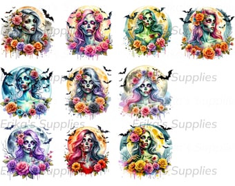 Halloween Watercolor Female Zombie Clipart Bundle set Pastel Halloween clip art set