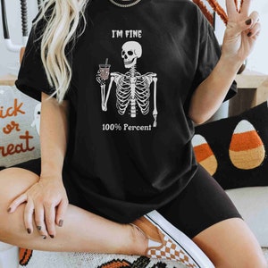 Funny Coffee Drinking Skeleton I&#39;m Fine T-Shirt Chest Unisex Heavy Cotton Tee, Dancing Skeletons Shirt, Funny Halloween T-shirts