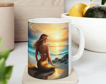 Mermaid Hot Chocolate Cup Ceramic Mug 11oz Gift for Wife Beach Coffee Cup