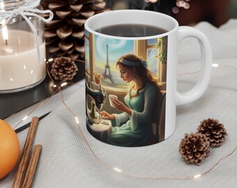 Woman Sipping Coffee Sewing Hot Chocolate Cup Mom Coffee Ceramic Mug 11oz Gift for Grandma