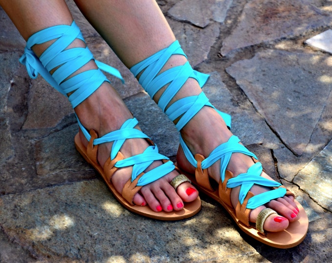 blue lace up sandals
