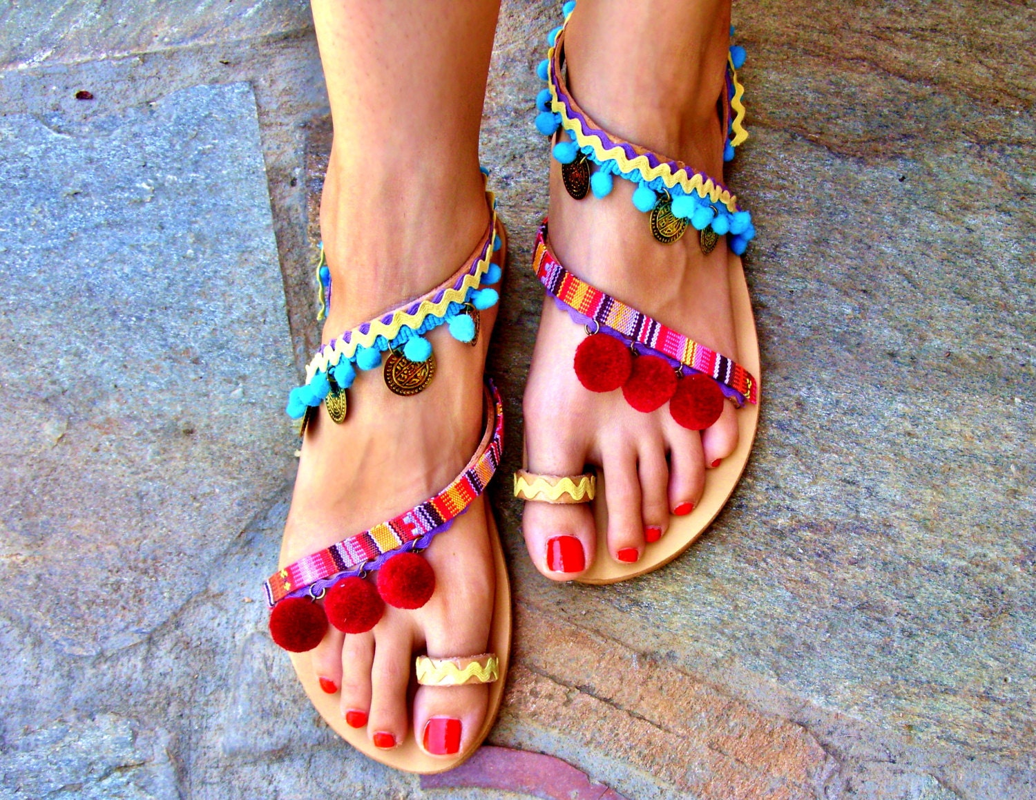 40 OFF Colorful Sandals / Pom Pom Sandals / Bohemian Strappy