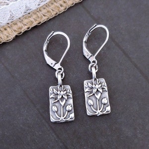 Small Silver Earrings. Flower Earrings . Boho  Lotus Earrings . Antique Silver Bohemian Lever back Dangle - Choose Your Hook
