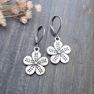 Flower Earrings . Boho Earrings . Floral Antique Silver Earrings . Bohemian Lever back Dangle - Choose Your Hook