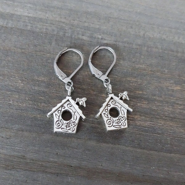 Birdhouse Earrings . Small Silver Earrings .  Antique Silver Dangle Earrings . Choose Hook . Adorable Handmade Gifts