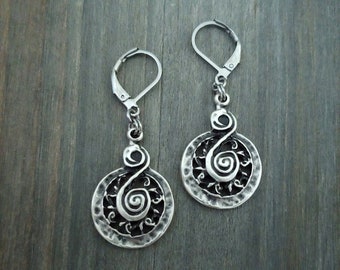 Antique Silver Earrings . Boho Earrings . Spiral Earrings . Swirl Earrings . Bohemian Dangle . Lever back or Choose Hook . Handmade Gift