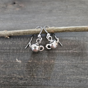 Teapot Earrings - Rounded Adorable Little Antique Silver tea pot Kettle . Whimsical Jewelry . Tea Lover