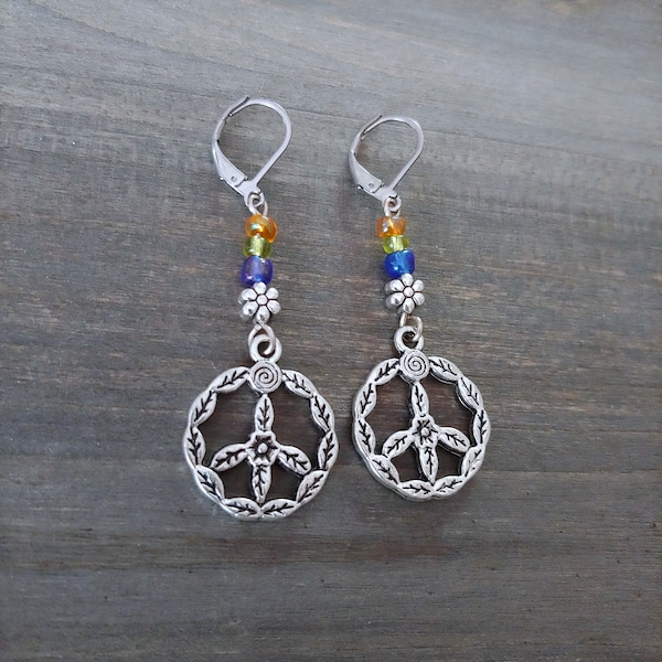 Flower Peace Earrings . Antique Silver Earrings . Colorful Glass Beaded Boho Summer Earrings . Drop Dangle . Choose Hook