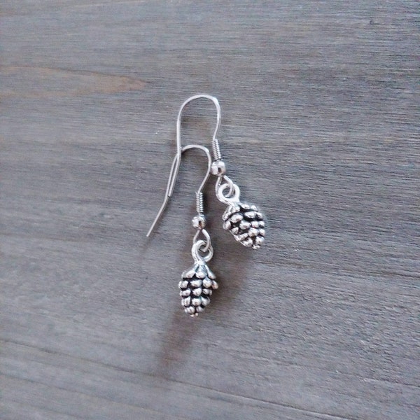 Tiny Pine Cone Earrings . Small Silver Earrings .  Dainty Antique Silver Dangle Earrings . Choose Hook . Adorable Handmade Gifts