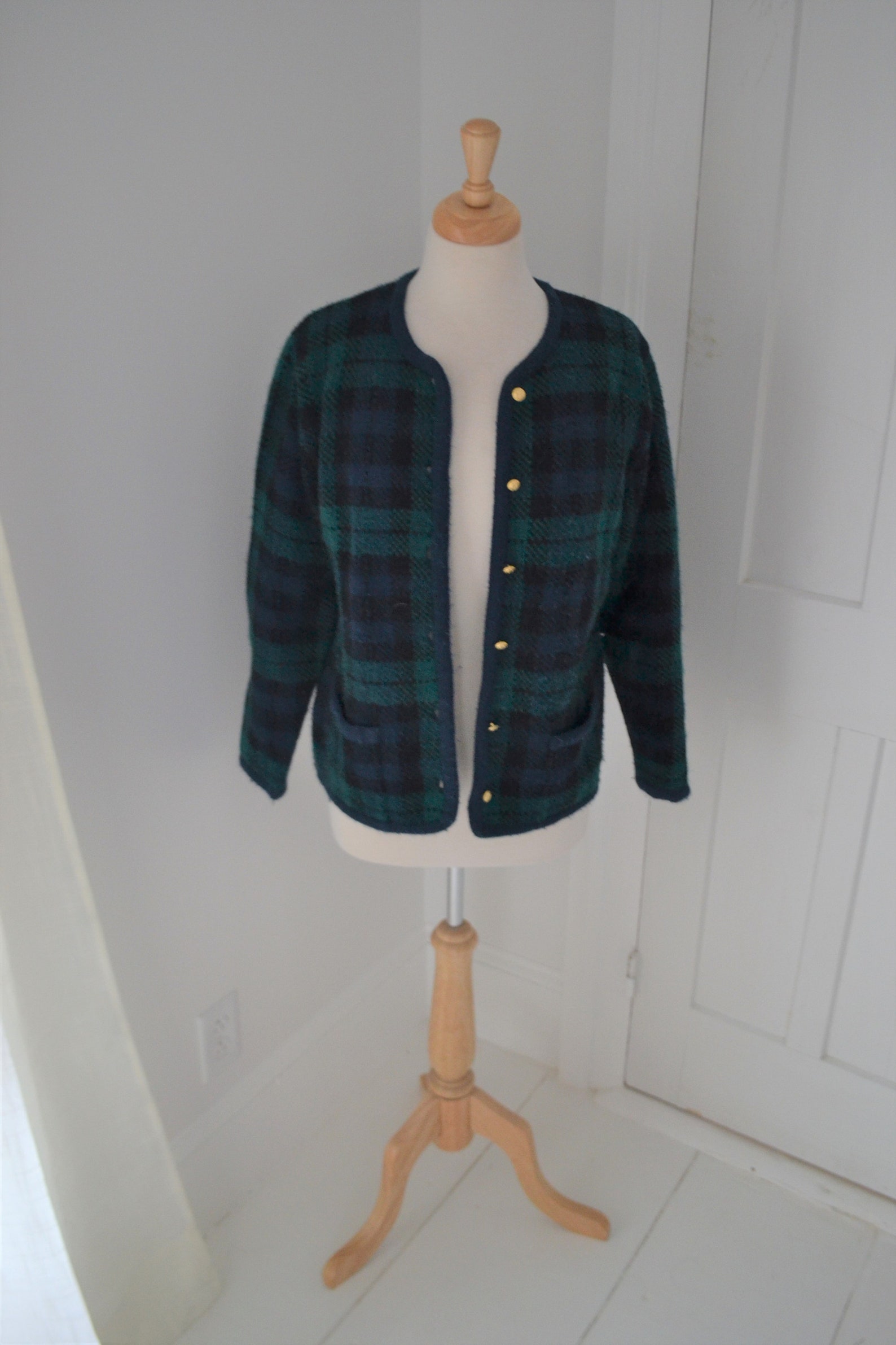 blue checkered cardigan