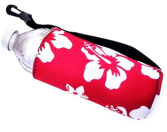 Water Bottle Cooler, Drink Holder, Can Coolie, Insulated Drink Carrier, 16oz Cozie, Neoprene, Beverage Carrier, Hibiscus, Red