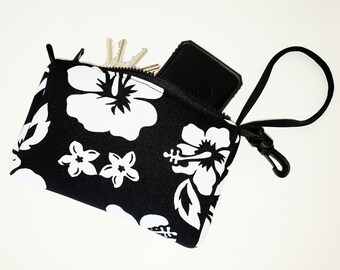 Wristlet, Purse, Black, Handbag, Beach, Surf Style, Tote, Bags, Pouch, Accessories, Neoprene, Floral, Hibiscus, Coastal, Tropical, Gifts