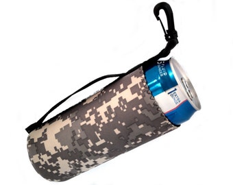 Camo, Digital Camo, Insulated Can Cooler, Sport Bottle Coolie, Water Bottle Cozie, Hook On Drink Holder, 24 oz Beverage Carrier, Neoprene