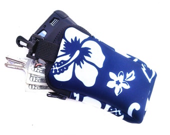 Phone Carrier, Wallet, Hibiscus, Blue, Tote, Stash Bag, Purse, Bag, Small Tote, Hook On Bag, Hook On Wallet, Neoprene, Surf Style