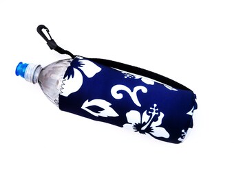 Water Bottle Coolie, Sport Drink Holder, Hook on, Insulated Cozie, Beverage Carrier, 24oz, Hibiscus, Blue