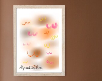 Boob Digital Art Print - Nude Boob Pink Orange Abstract Painting