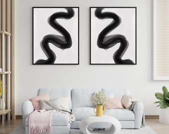 Black and White Brush Stroke Abstract Digital Art Print