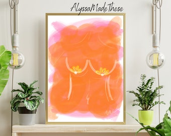 Pink Orange Boob Abstract Line Painting - Body Positive Digital Print