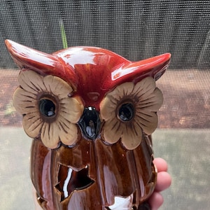 Ceramic owl-shaped votive candle holder with brown glaze 7”
